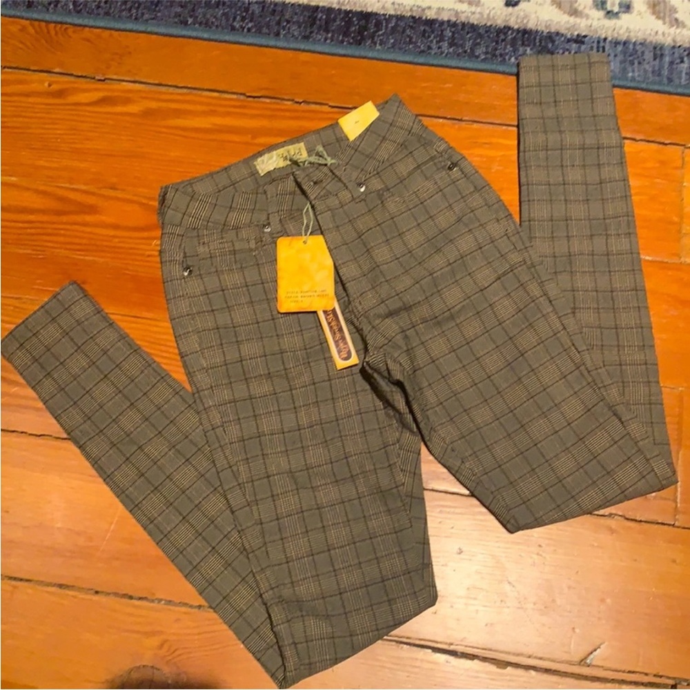 Hybrid NWT Brown Grey Plaid Stretchy Jean Leggings Jeggings Checkered Pants S